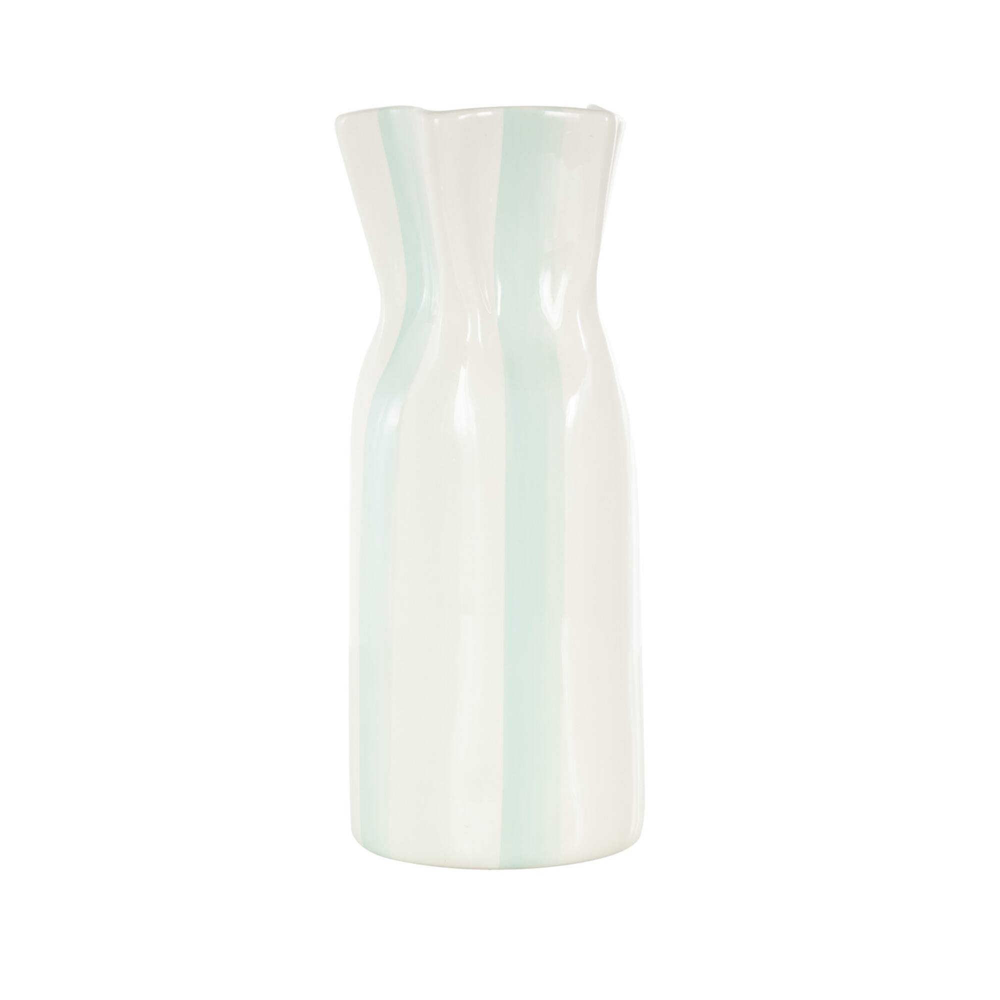 12" White & Teal Stripes Round Wide Ceramic Vase